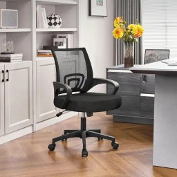 Yaheetech Ergonomischer Bürostuhl, Netz-Schreibtischstuhl mit Armlehnen, Drehstuhl, Chefsessel mit Wippfunktion, Höhenverstellbar, Rückenfreundlich, Belastbarkeit bis 136 kg, Schwarz