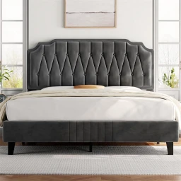 Yaheetech Gepolstertes Doppelbett 140 x 200 cm Stoffbett Jugendbett Gepolstertes Bett mit höhenverstellbarem Kopfteil Bettrahmen mit Lattenrost, Dunkelgrau