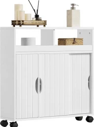 Yaheetech Badezimmer-Schrank Nischen-Schrank Seitenschrank Badezimmerwagen Bodenschrank Badezimmer-Schrank mit Schiebetüren Rollen Flur Badezimmer Weiß MDF-Holzplatten 69,5 x 20 x 71,5 cm
