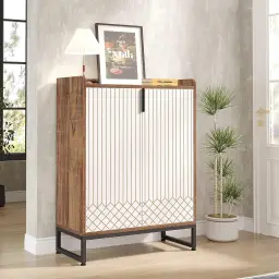 Tribesigns Schuhschrank mit 2 Türen, 73 x 35 x 105 cm, Schuhregal für 25 Paar, Schuhschrank Weiß mit goldenem Metallrahmen, Schmaler Schuhschrank, Flur Schuhkommode im Flur, Weiß Braun
