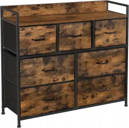 SONGMICS Kommode, Schlafzimmer Schrank, 7 Stoffschubladen mit Griffen, Metallrahmen, Rustikal Braun und Tinten Schwarz LTS137B01
