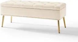 HULALA HOME Aufbewahrungsbank, Truhe mit Ziernägeln, Samtbank für das Bettende, Bank mit goldenen Metallbeinen für Flur, Eingangsbereich, Wohnzimmer, Schlafzimmer, Beige