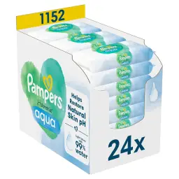 Pampers Harmonie Aqua Feuchttücher 24 Packungen à 48 Feuchttücher, 1152 Feuchttücher zur Wiederherstellung des natürlichen pH-Werts der Haut Leichtes Lotion mit 99 Prozent Wasser