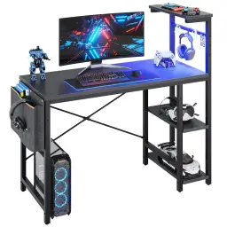 Bestier Computertisch Gaming-Schreibtisch, Computertisch mit LED & Regal (113/140/155 cm, Verstellbarer Tisch rechts oder links, Bürotisch mit LED-Beleuchtung), für Home Office, Zimmer