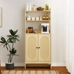 Caldion Sideboard, hoher Schrank mit Rattantüren, Küchenschrank mit 5 Regalen, Küchenbuffet mit 2 Türen und offenen Regalen, Buffetschrank mit Tischplatte, 70x35x165cm, MDF, Rattan, Eichenfarbe.