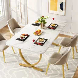 Tribesigns Moderner Esstisch für 6 Personen, 160 x 80 x 75 cm, Wohnzimmer Tisch, Rechteckig, Küchentisch, Esstisch für Esszimmer und Küche, Wohnzimmer, Modernes Design, Weiß und Gold