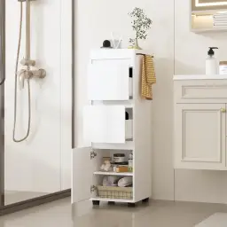 Caldion Badezimmerschrank, weiß, Badezimmerregal mit 2 Schubladen und 1 Schrank, Badezimmerregal mit Griff, freistehender Schrank mit Stauraum, verstellbare Regale, Küchenregal, 40x40x130cm