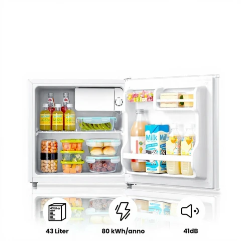 Comfee RCD50WH2(E) Mini Fridge / 43L Cool Box with Ice Compartment / Fridge Small for Room and Office / Quick Cooling in the Chiller Box / Temperature Control / Adjustable Feet / 80 kWh / Year / White [Energy Class E]